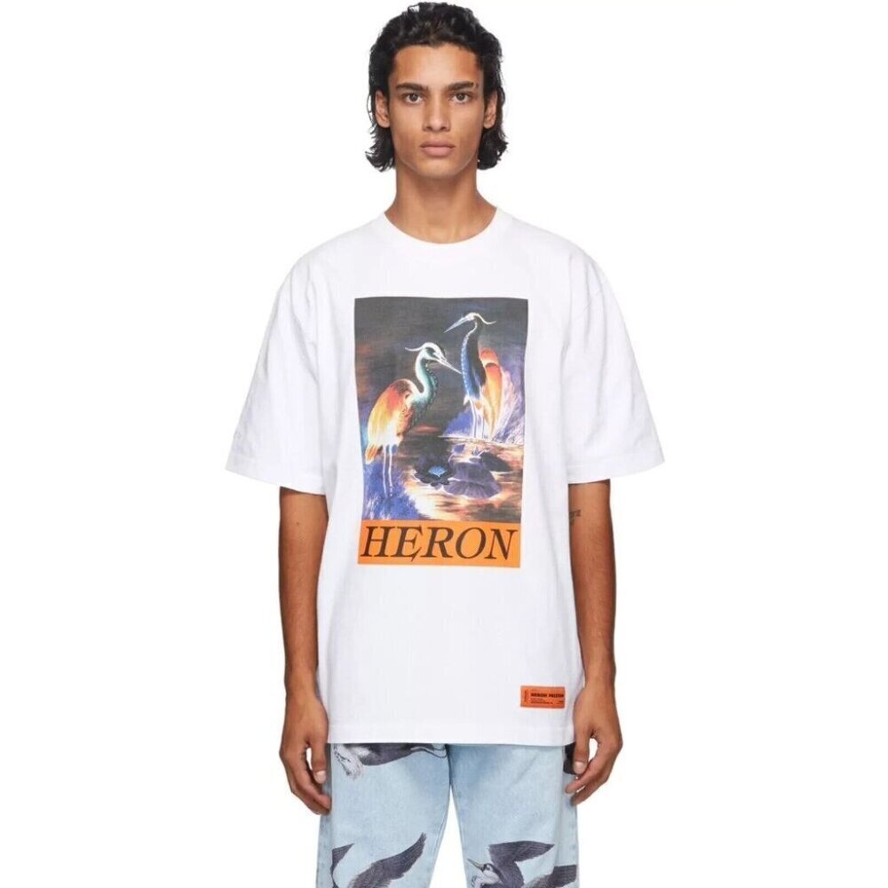 Heron Preston White Graphic Heron Tee with Orange Accent